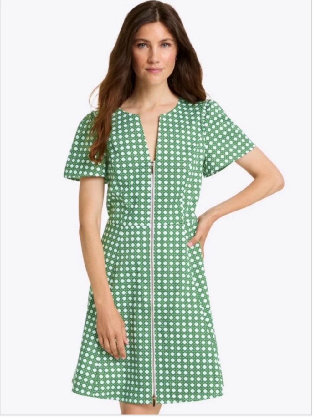 NWT Draper James Green White Rattan Print Zip-Front Mini Dress